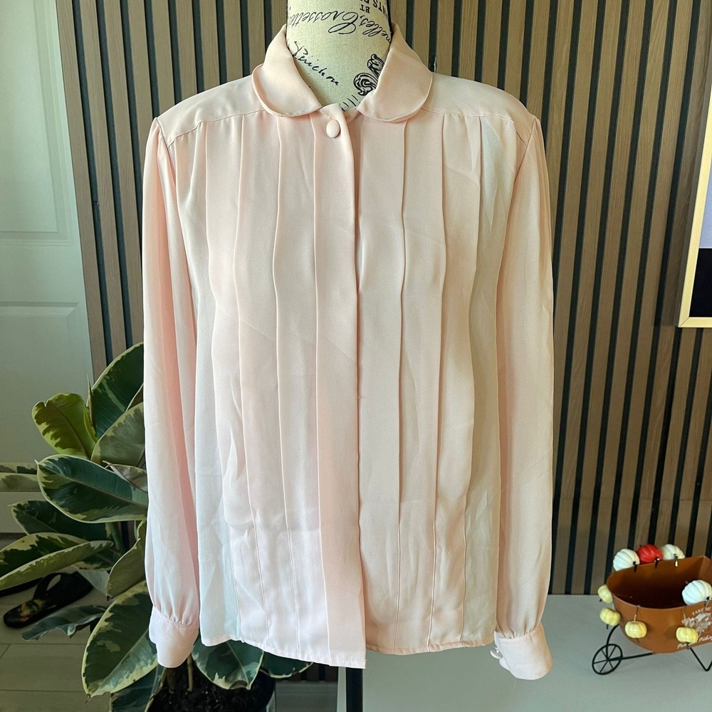 Laura and Jayne Vintage Pleated Pink Secretary Blouse Peter‎ Pan Collar Size 12